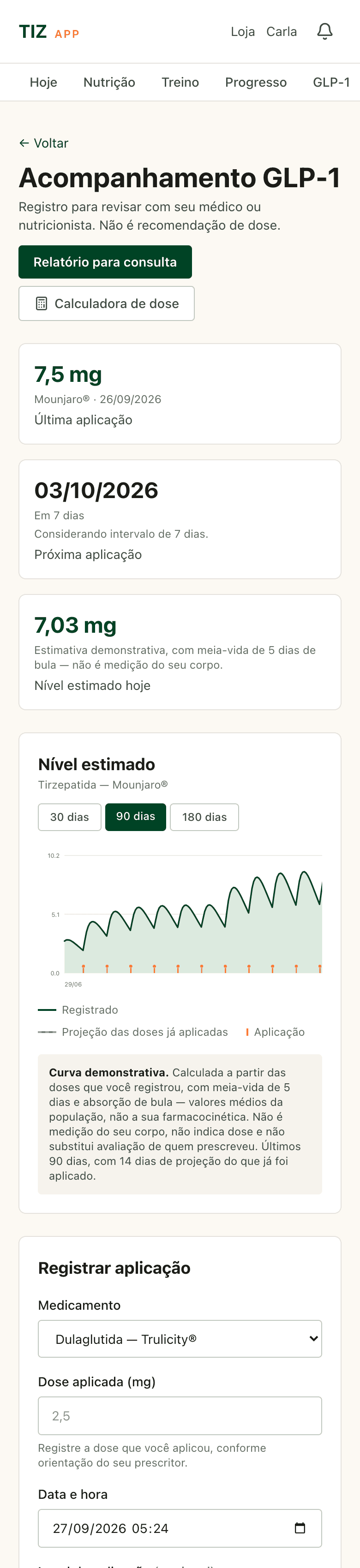 Acompanhamento GLP-1 no TIZ App com a última aplicação e o nível estimado
