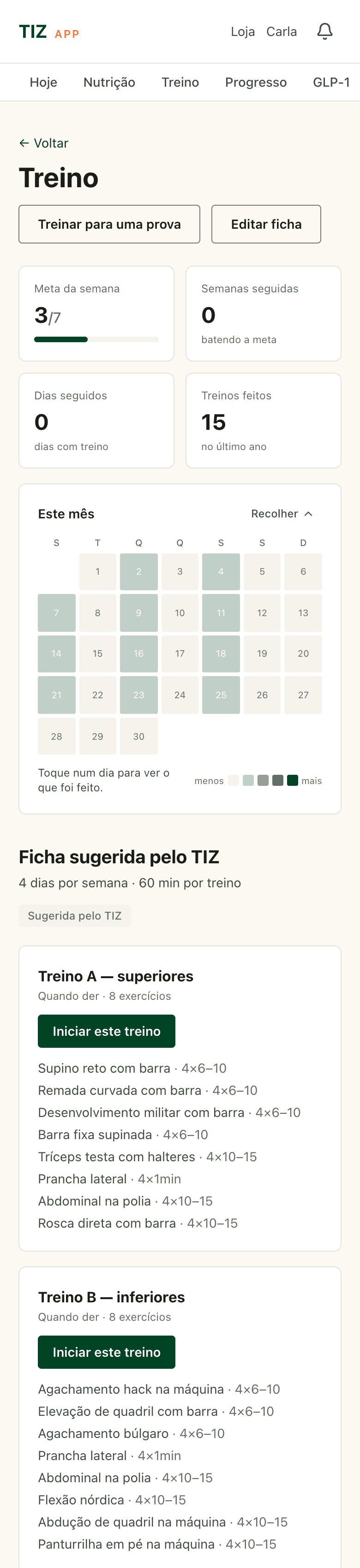 Tela de treino do TIZ App com a meta da semana, o calendário e a ficha