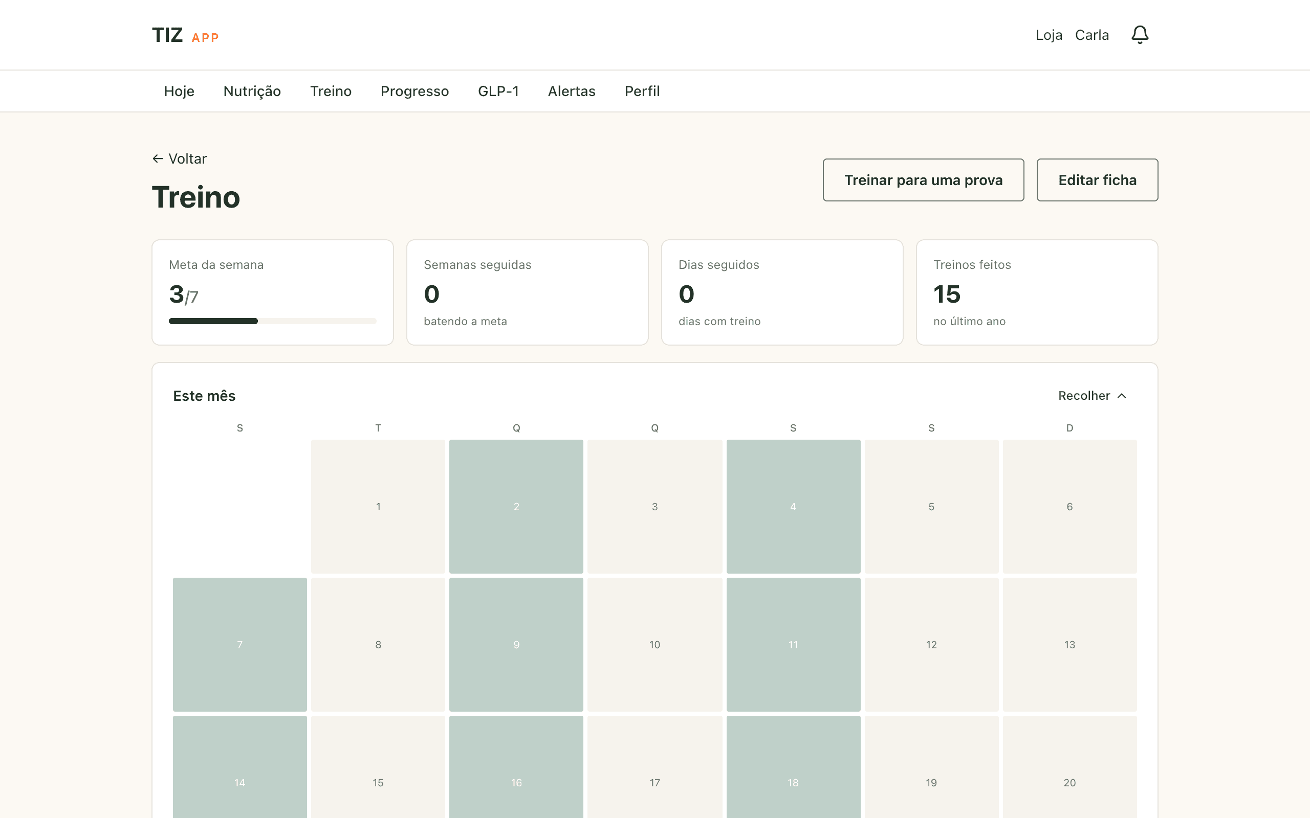 Tela de treino do TIZ App com a meta da semana e o calendário dos treinos feitos